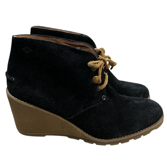 Sperry Women’s 8.5 Top Sider Stella Black Genuine Suede Lace Up Wedge Heel Boot - Picture 1 of 9